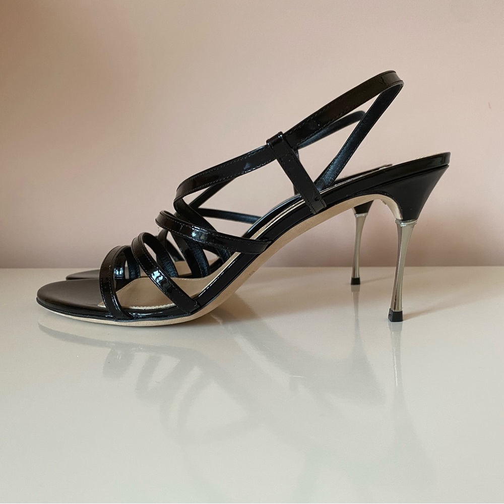 SERGIO ROSSI SANDALS black patented leather silver heeled (offers welcome 🎊🎉 💛